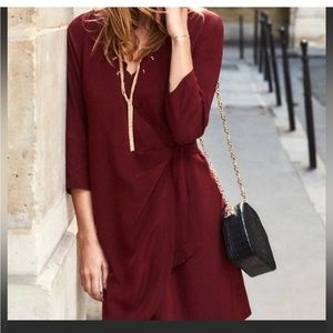 NWT Sezane OLYMPE silk dress red burgundy lace detail wrap dress 42